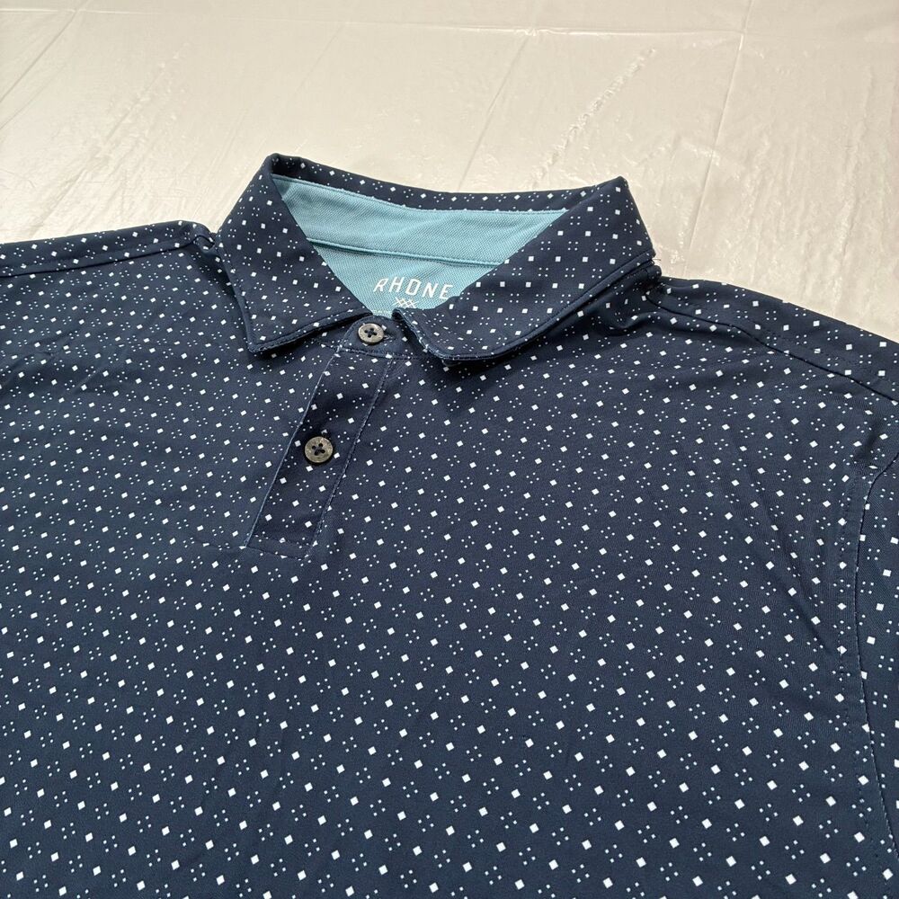 Rhone Delta Pique Polo Shirt Mens L Navy Blue Geometric Dot Italian Fabric Golf